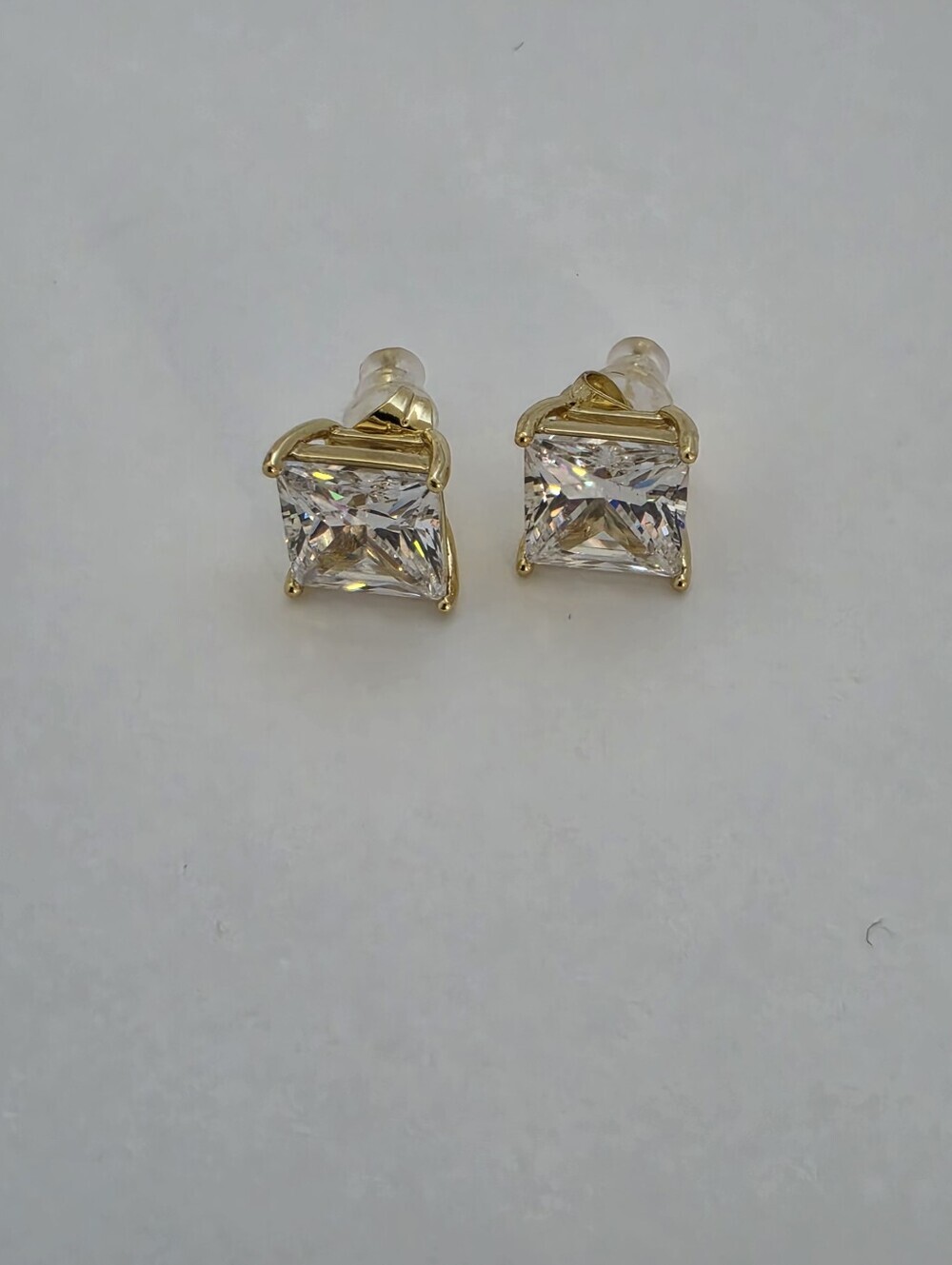 Gold Plated Princess Cut CZ Stud Earrings Square Cubic Zirconia Minimalist